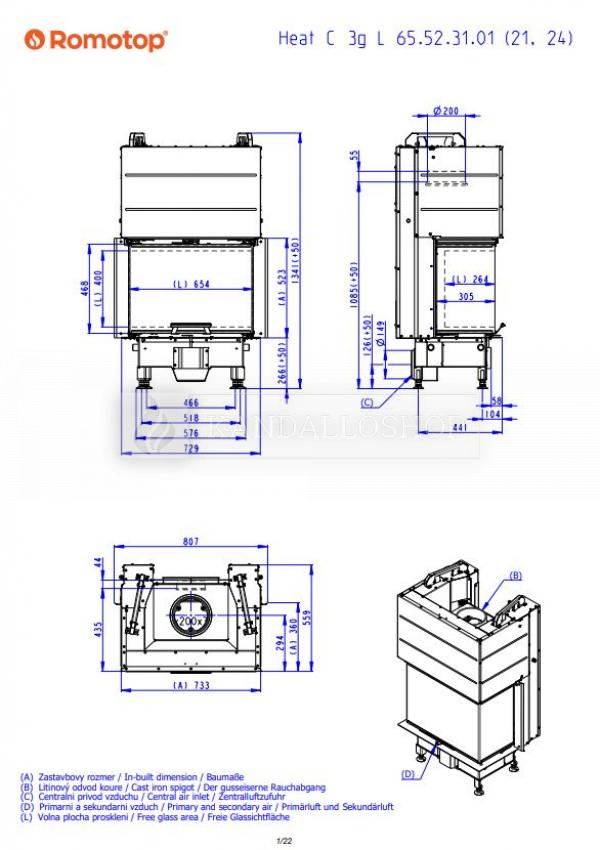 Romotop Heat C 2g L 65.52.31.21 minőségi acél, légfűtéses,három oldali kandallóbetét liftes ajtóval kandalloshop