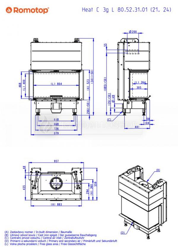 Romotop Heat C 3g L 80.52.31.24 minőségi acél, légfűtéses,három oldali kandallóbetét liftes ajtóval kandalloshop
