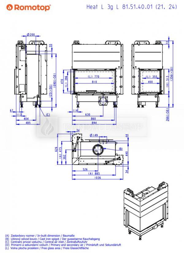 Romotop Heat R/L 3g L 81.51.40.24 minőségi acél, légfűtéses, sarki kandallóbetét liftes ajtóval kandalloshop