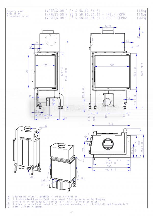Romotop Impression R/L 2g S 58.60.34.21 sarki kandallóbetét samott tűztérrel és osztott üveggel kandalloshop