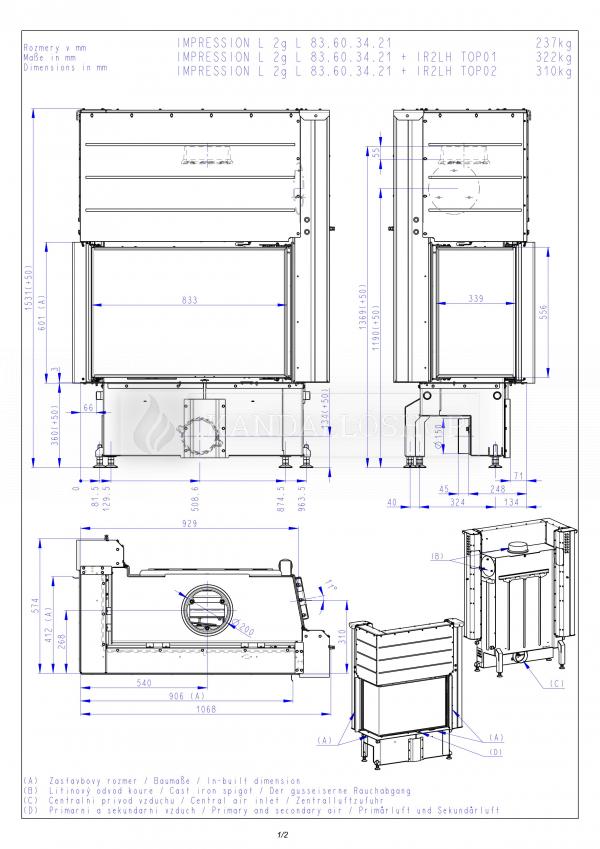 Romotop Impression R/L 2g S 83.60.34.21 sarki kandallóbetét samott tűztérrel liftes tolóajtóval és osztott üveggel kandalloshop