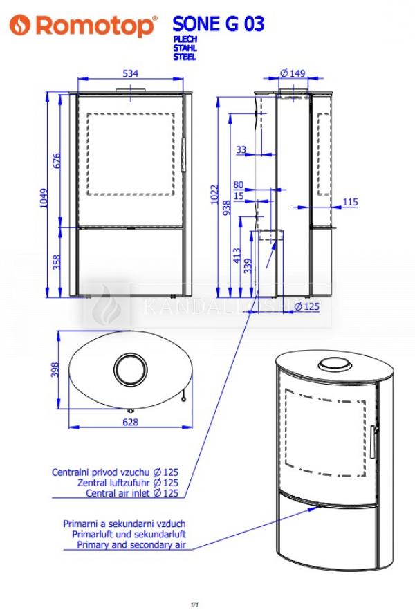 Romotop Sone G 03 lemez kandallókályha dizájnos üveggel és samott tűztérrel kandalloshop